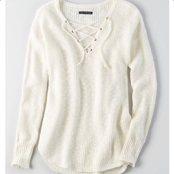 Lace Up Cream Knit Sweater 